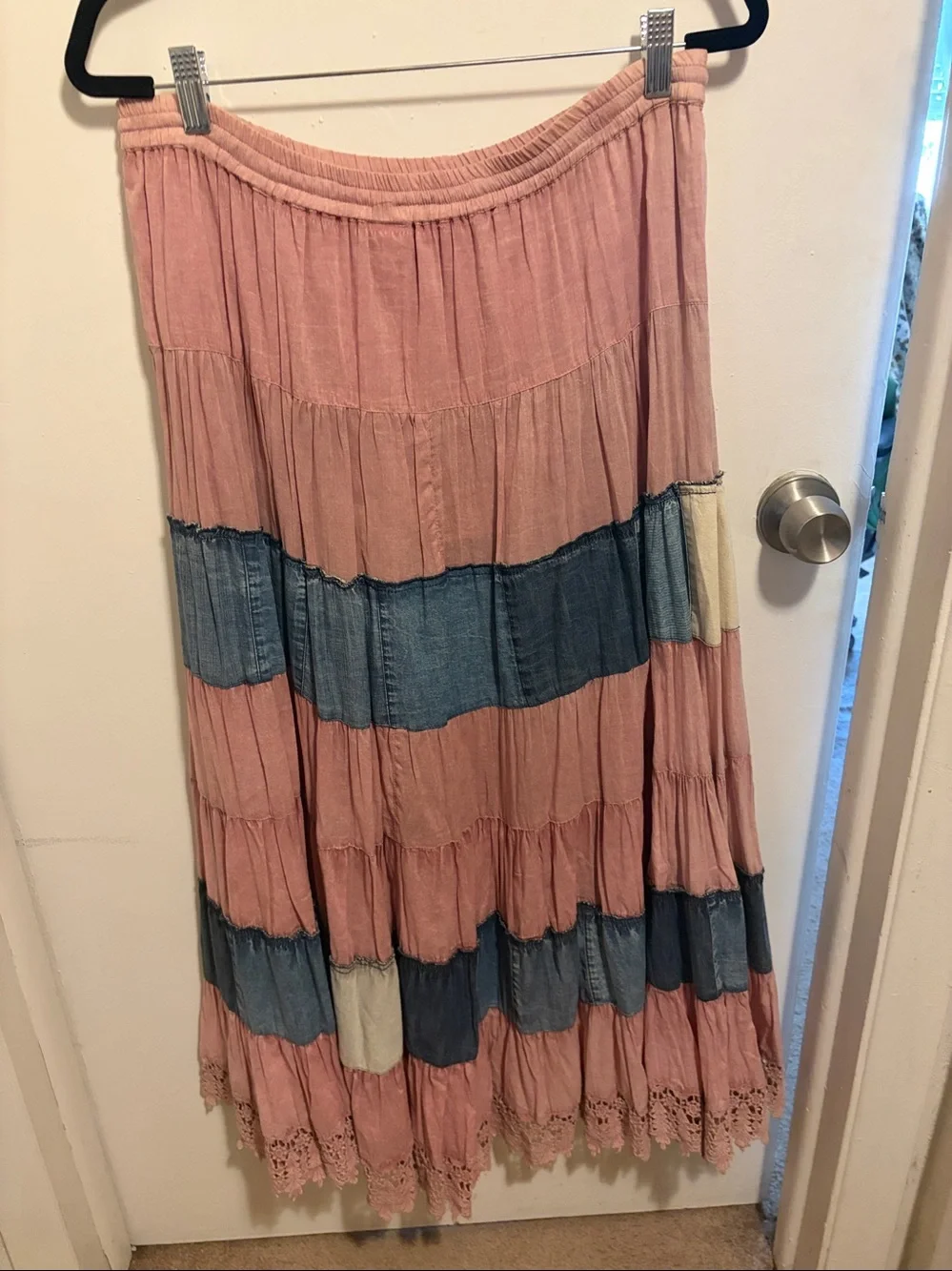 YOUNG THREADS Tiered Pink Patchwork Maxi Skirt with Crochet Hem Brand New Small - Picture 5 of 7